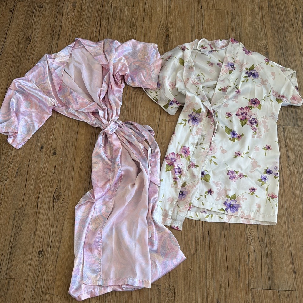 Two Vintage Satin Robes Long And Short Paisley Floral Pink Cream No Size